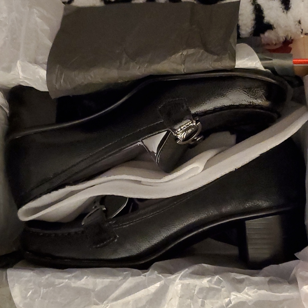 Aerosoles Pepper Mill Womens Black Slip On Chunky Heel Leather Loafers